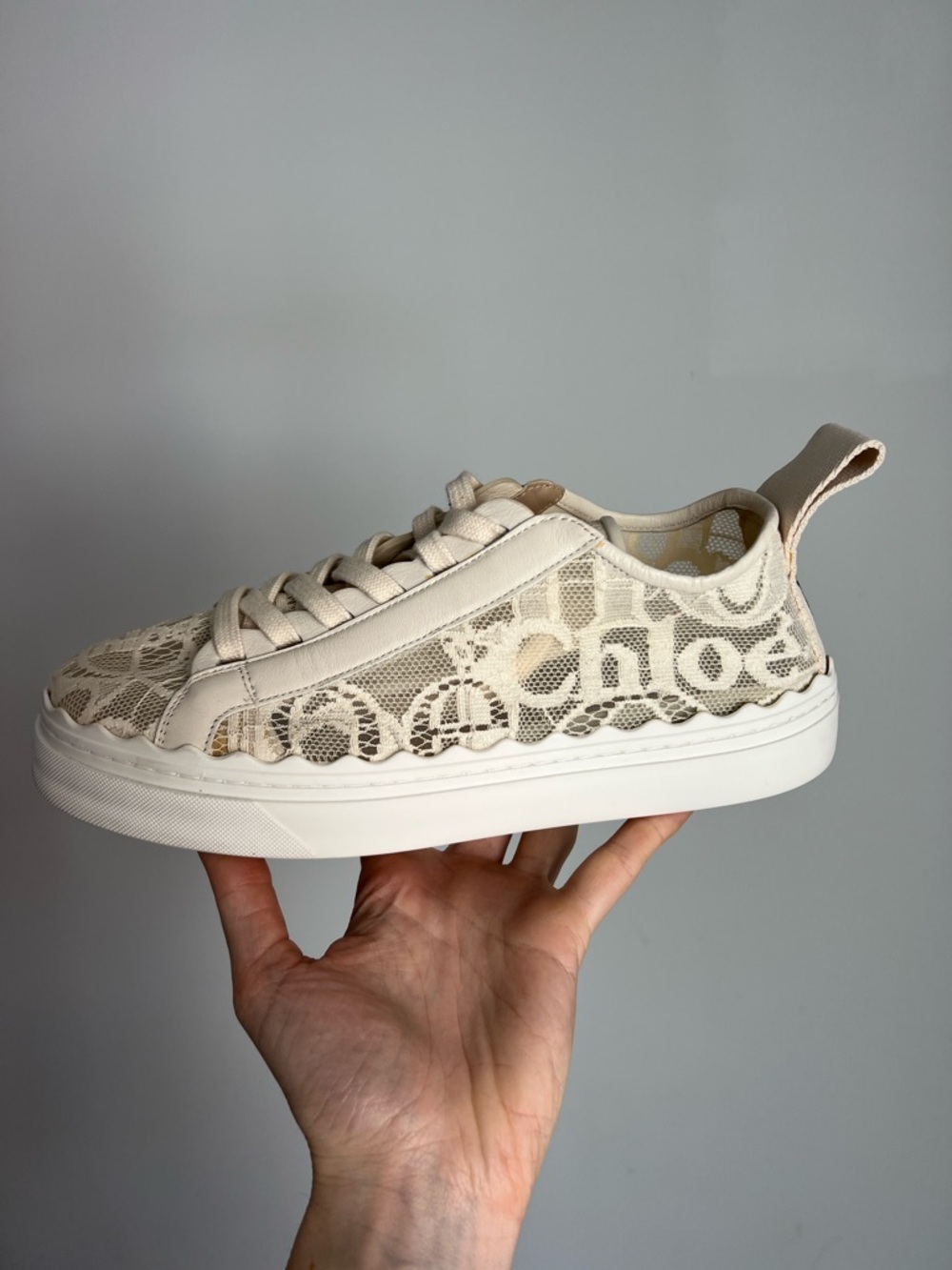 Worn 1x CHLOE Lauren lace mesh sneaker in light beige ecru romantic round toe 40 - Picture 14 of 16